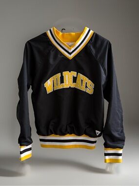Vintage Varsity Wildcats Pullover Jacket XS Black Gold V Neck USA Made Nylon